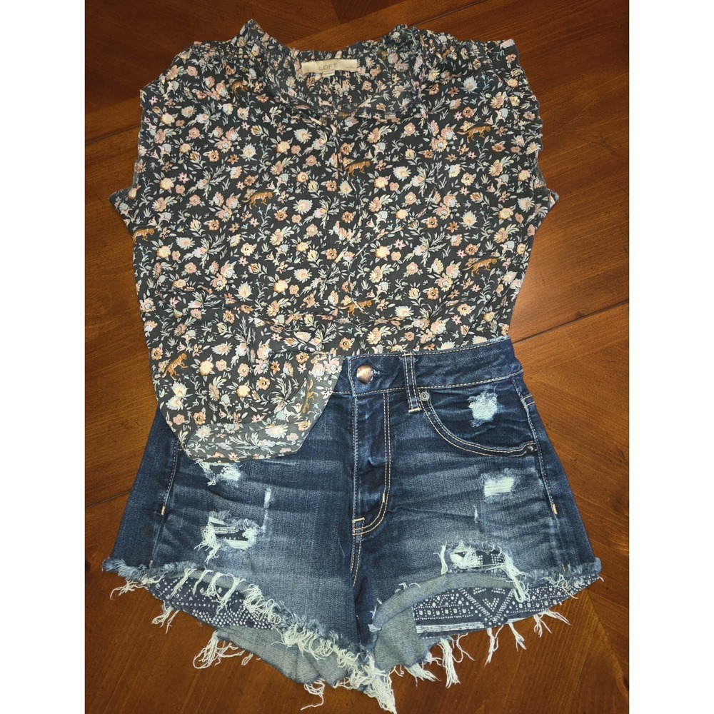 WOMENS LOFT PETITE SMALL Sleeveless Tiger Floral Print Blouse Summer Shirt
